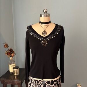 Black Embellished V-Neck Long-Sleeve Top